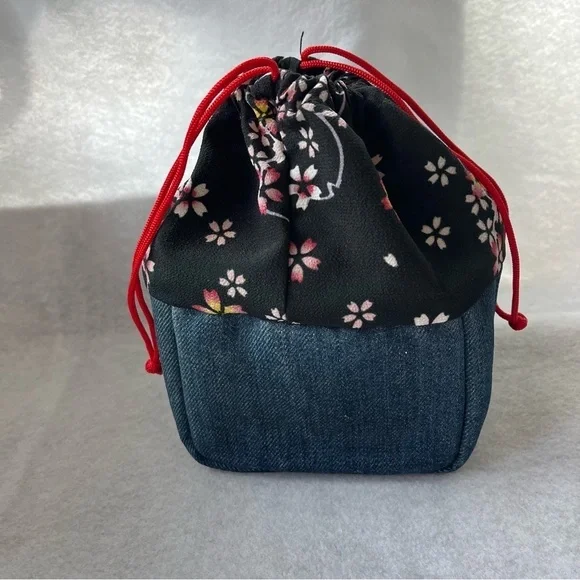 CHERRY BLOSSOM Drawstring Cosmetic Bag Denim Blue Pink Sakura - Picture 3 of 10